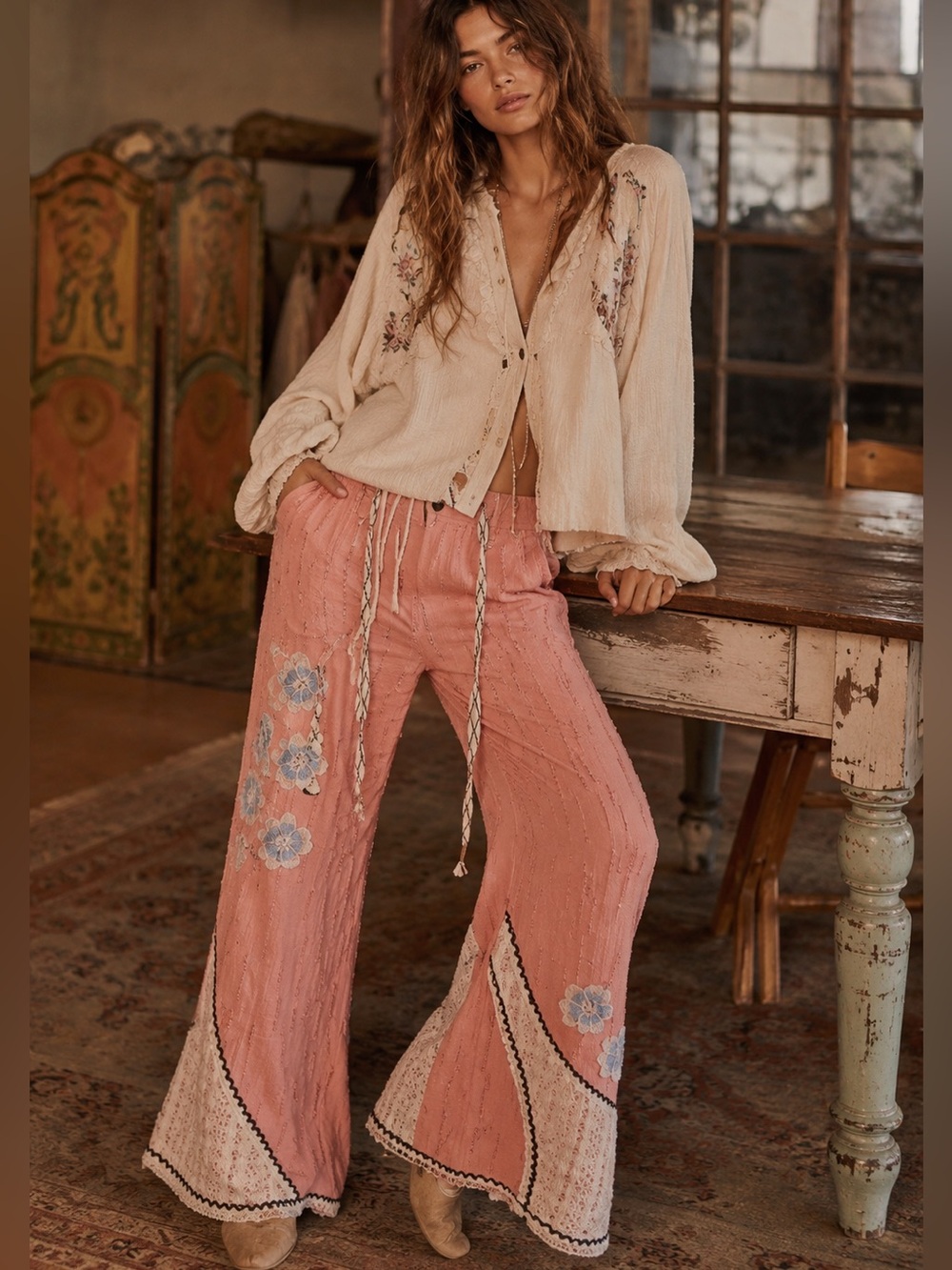 33🌟 POL Clothing – Dusty Rose Boho Wide-Leg Pants